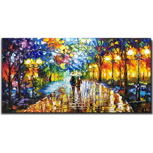 Hand Painted Canvas Wall Art Walking in Rainy Night Warm Color Street Lamp