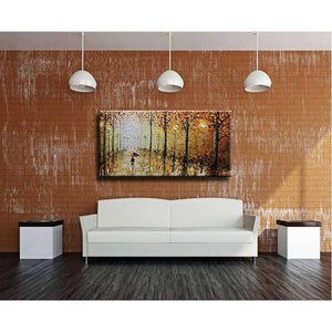 Fall Girl with Umbrella Walking on Street Hand Painted Canvas Wall Art