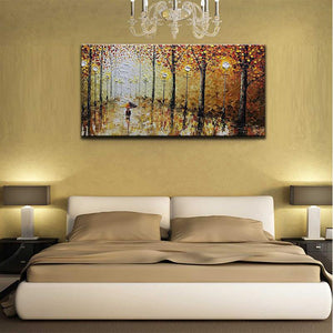 Fall Girl with Umbrella Walking on Street Hand Painted Canvas Wall Art
