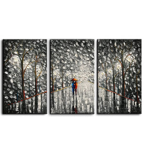 Large 3 Piece Canvas Wall Art Light Grey Street Rainy Lover Romantic Walk