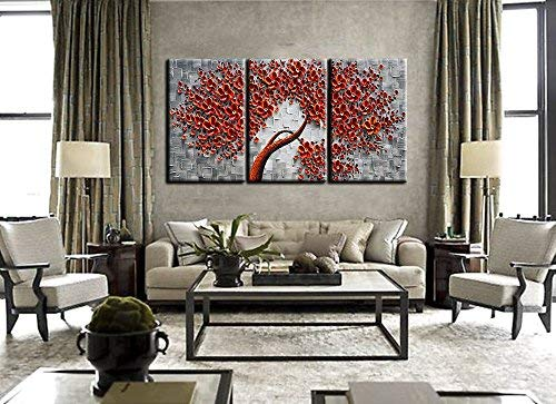 3 Piece Wall Paintings Red Flower Grey Textured Canvas Art Decor Family