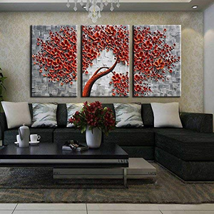 3 Piece Wall Paintings Red Flower Grey Textured Canvas Art Decor Family