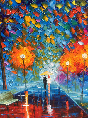 Hand Painted Paintings Romantic Rainy Night Lovers Walk Together Original Canvas Art