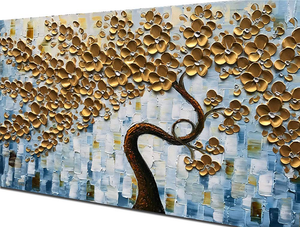 Large Contemporary Art Gold Flower Tree Hand Painted Decor Wall