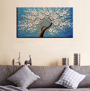 Large Modern Painting Flower Tree Blue Texture Canvas Decor Bedroom