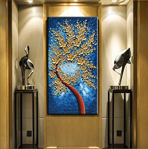 Large Original Oil Painting Vertical Gold Flower Canvas Art Decor House