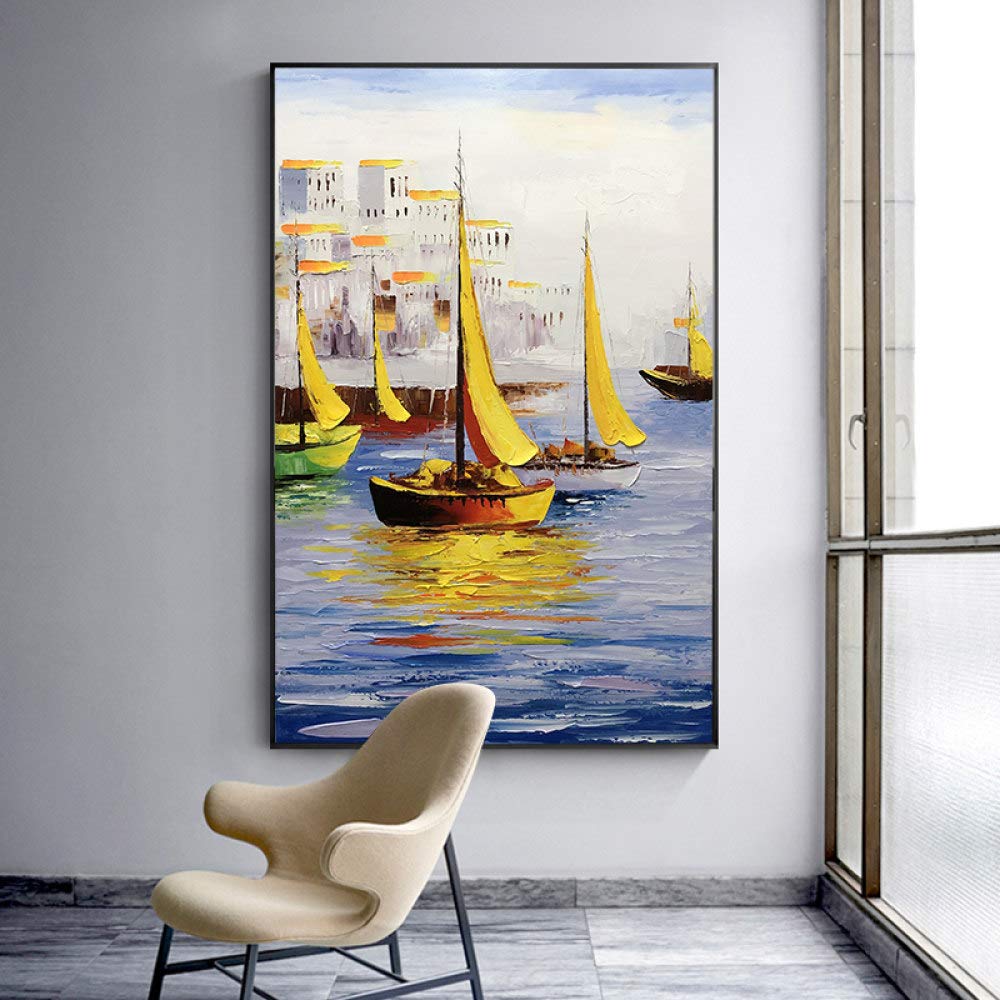 Large Artwork for Living Room Handcrafted Acrylic Canvas Painting Boat Docked at the Port