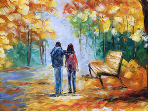 Large Inexpensive Wall Art Couple Walk in Fall Park Handmade Canvas Painting