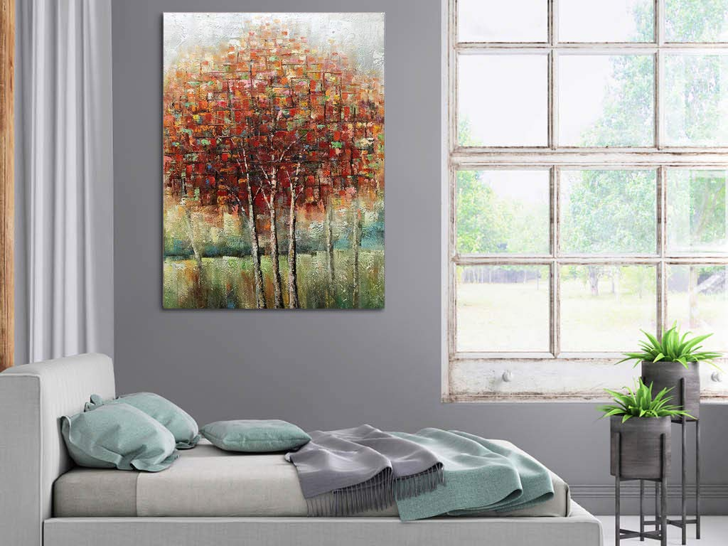 Living Room Art Red Tree in Suburbs Clearly Textured Canvas Painting Bedroom