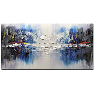 Long Canvas Painting Abstract Blue Reflection Wall Art As Birthday Gift