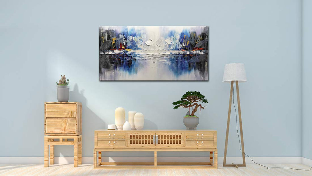 Long Canvas Painting Abstract Blue Reflection Wall Art As Birthday Gift