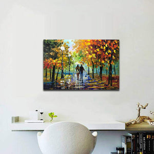 Long Canvas Painting Fall Rainy Day Lover Go for a Walk with Little Dog