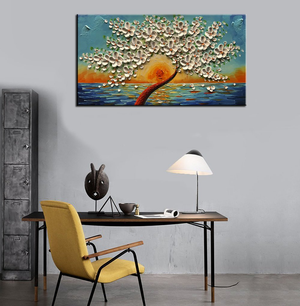 Modern Art for Home White Flower Tree Seaside Sunset Background Wall Canvas
