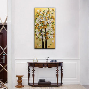 Vertical Gold and White Flower Tree Oil Painted Canvas Wall Art