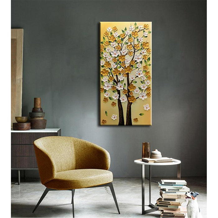 Vertical Gold and White Flower Tree Oil Painted Canvas Wall Art