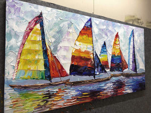 Oil Paintings by Artist 100% Handcrafted Colorful Sailing Boat Canvas Art