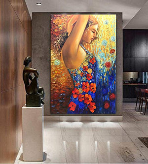 Original Canvas Wall Art Beautiful Girl Flower Dress Vertical Painting Art