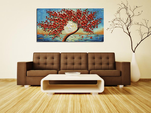 Red Canvas Wall Art Flower Tree Sunset Petals Fall Down Oil Painting