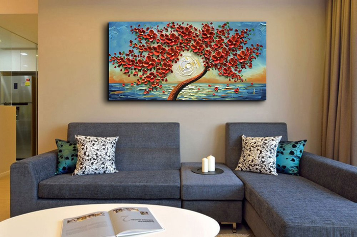 Red Canvas Wall Art Flower Tree Sunset Petals Fall Down Oil Painting
