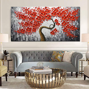 Red Wall Art Canvas Paintings Curving Trunk Flower Tree Perfect Home