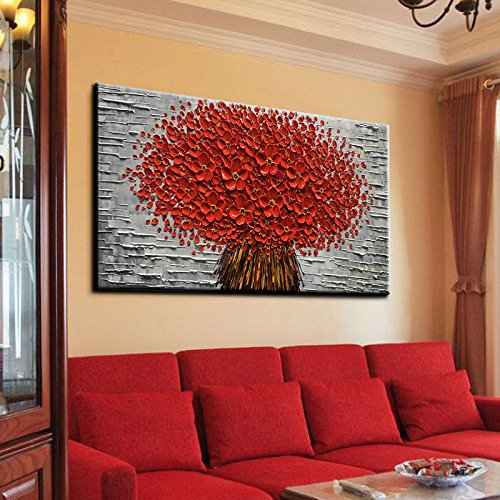 Red Wall Canvas Large Flower Bouquet Concave-Convex Textured Painting