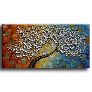 Wall Art Canvas Painting White Petals Tree Orange Blue Background